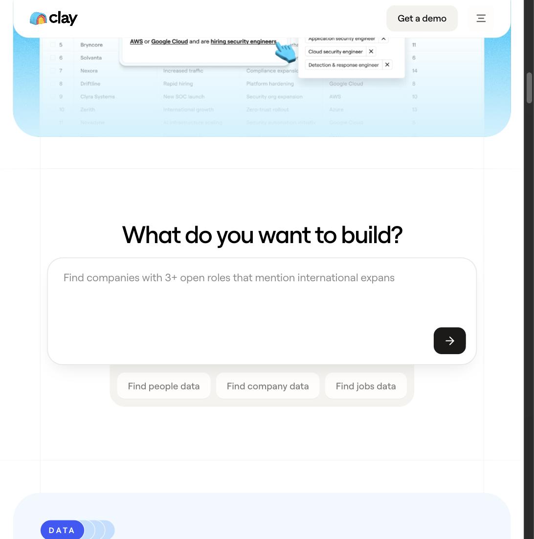 Clay's "What do you want to build?" natural-language AI prompt bar with Find people data, Find company data, and Find jobs data quick-start buttons