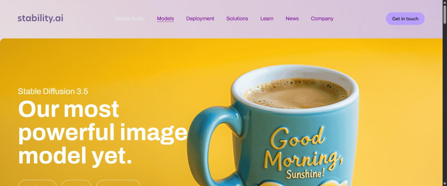 Stability AI Stable Image page showing Stable Diffusion 3.5 with a sample coffee mug image