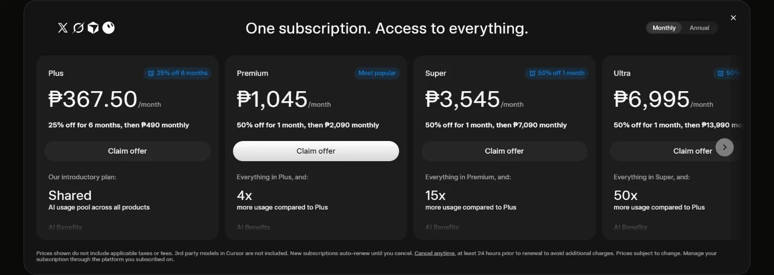 Grok plans page comparing Plus, Premium, Super and Ultra subscriptions