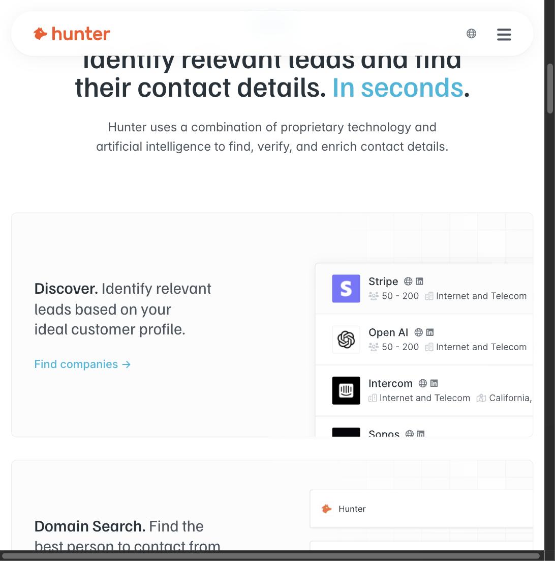 Hunter.io Discover panel listing companies like Stripe, OpenAI, and Intercom with employee count and industry