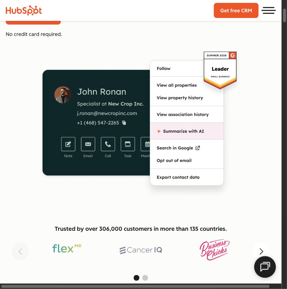 HubSpot CRM contact record card showing name, company, email, phone, and quick action buttons