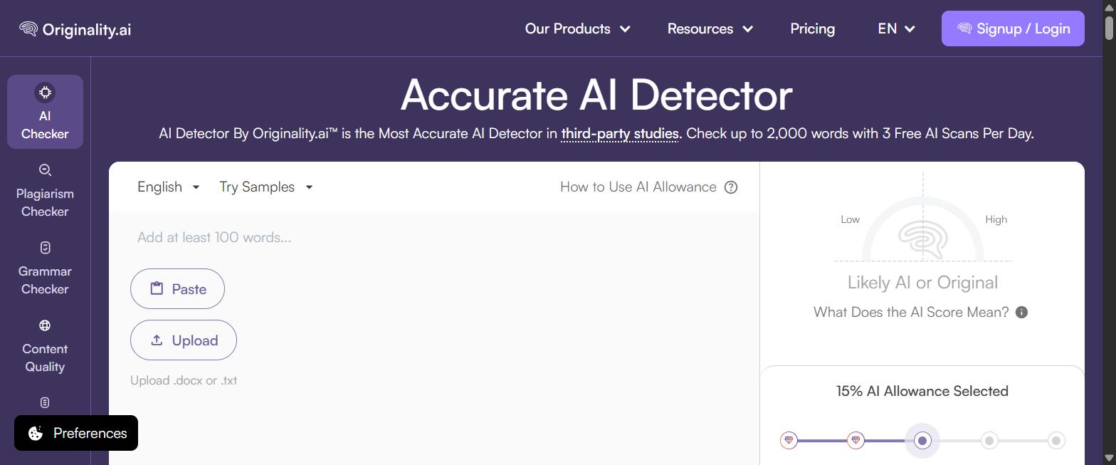 Originality.ai AI Checker interface