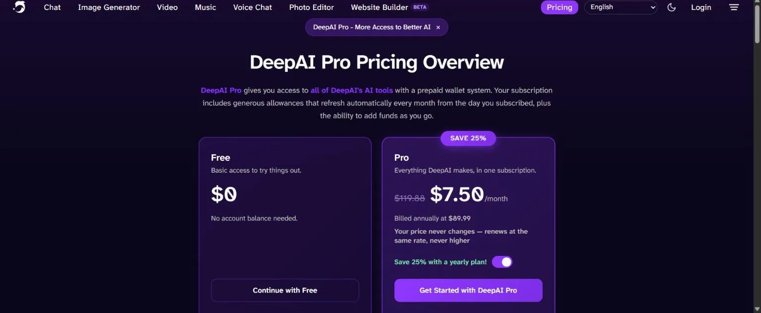 DeepAI pricing page comparing the Free and Pro plans