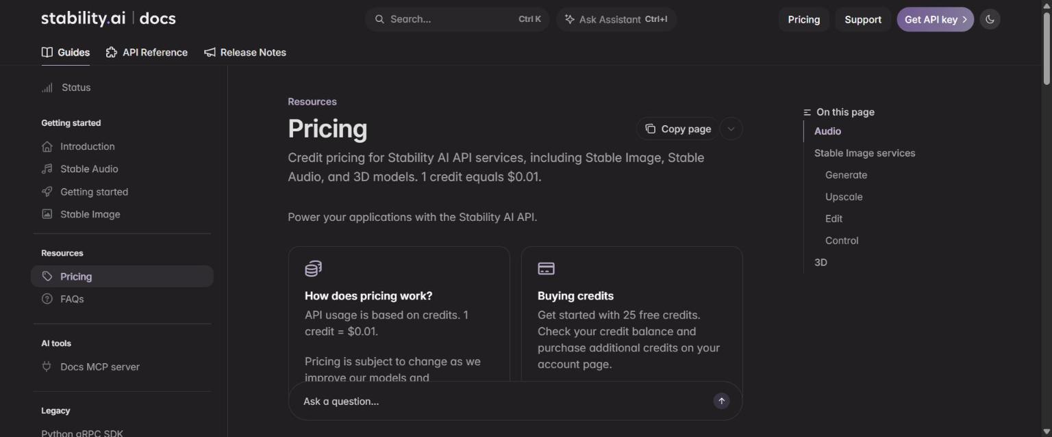 Stability AI documentation page for API pricing explaining credits