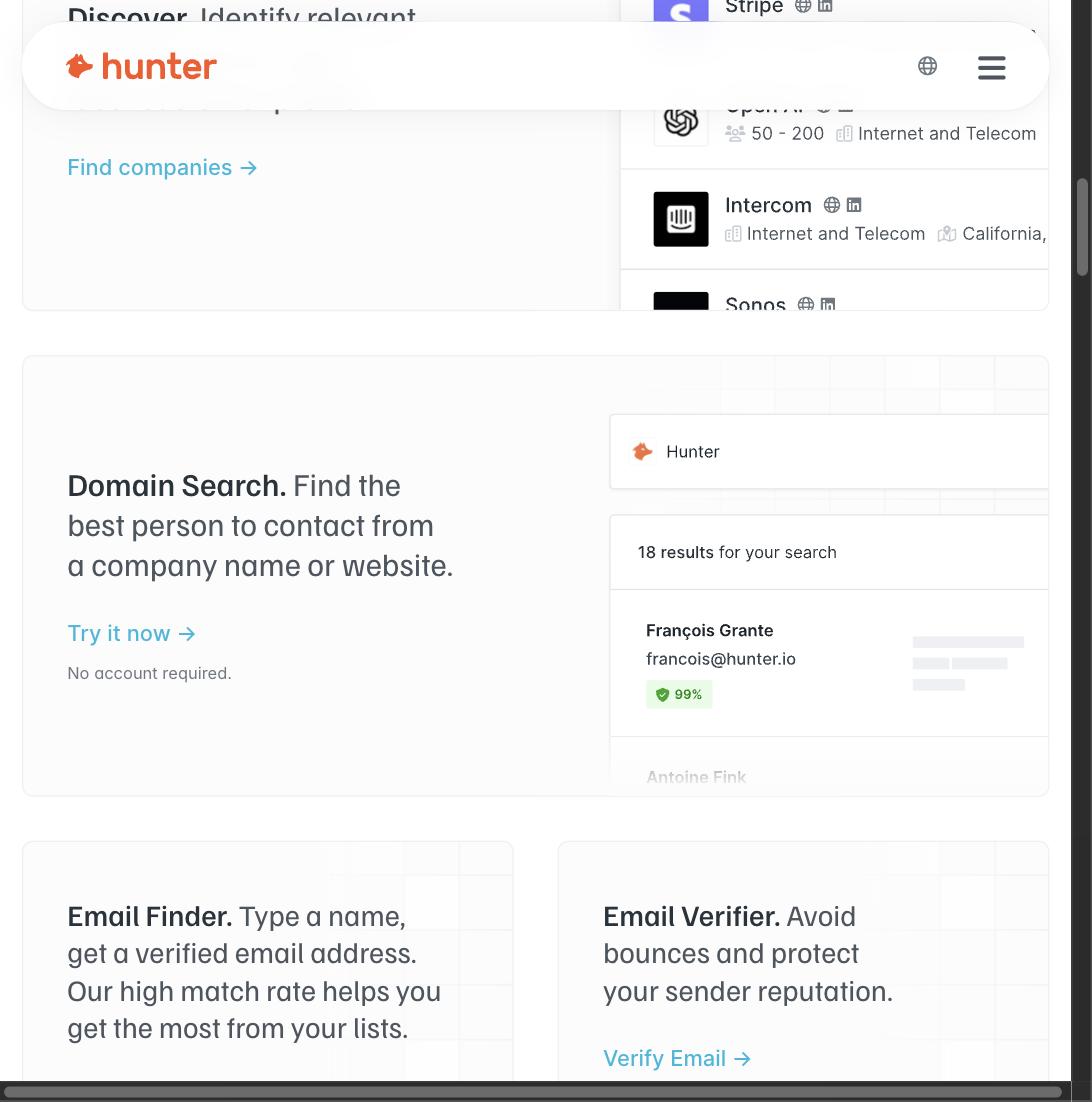Hunter.io Domain Search showing 18 results including a verified email francois@hunter.io with a 99% confidence score