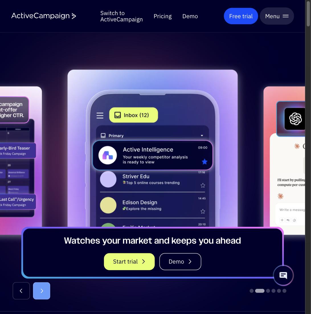 ActiveCampaign mobile inbox showing Active Intelligence surfacing a weekly competitor analysis alert