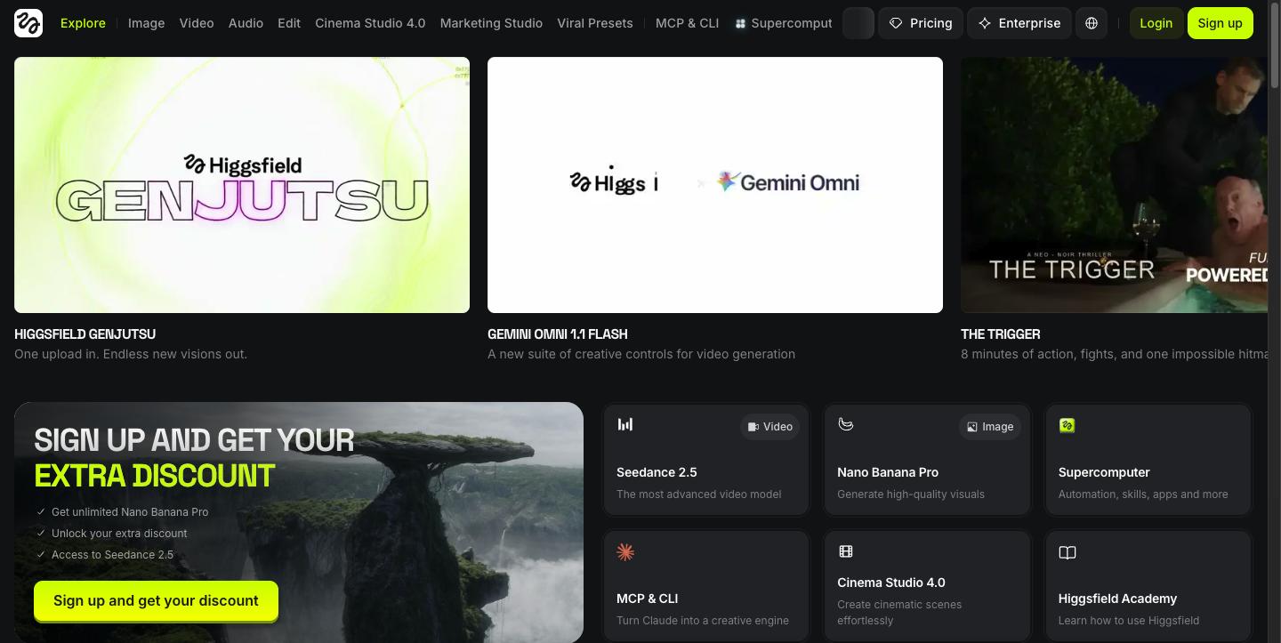 Higgsfield AI creative suite homepage