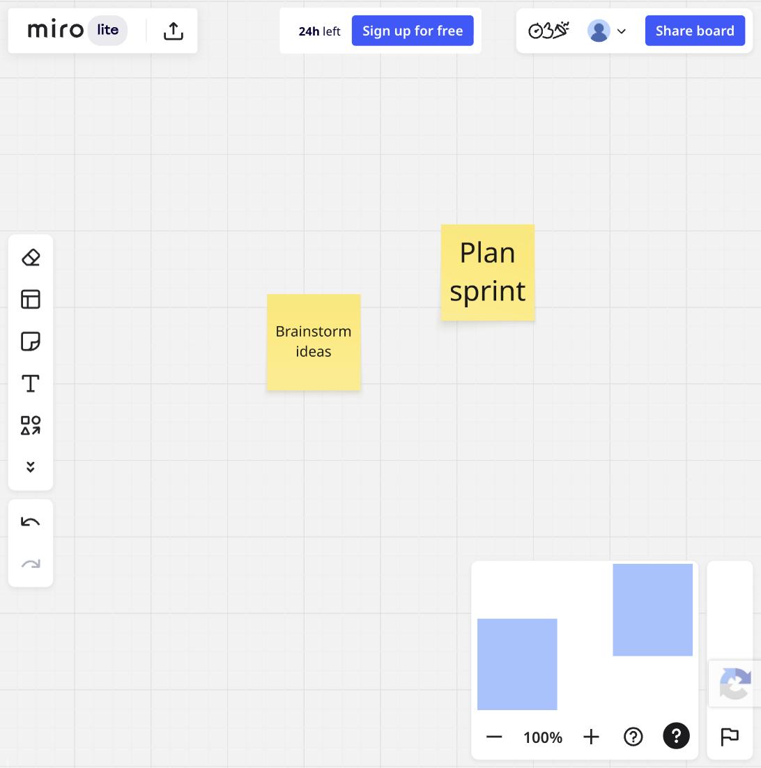 Yellow sticky notes labeled Brainstorm ideas and Plan sprint placed on a Miro board