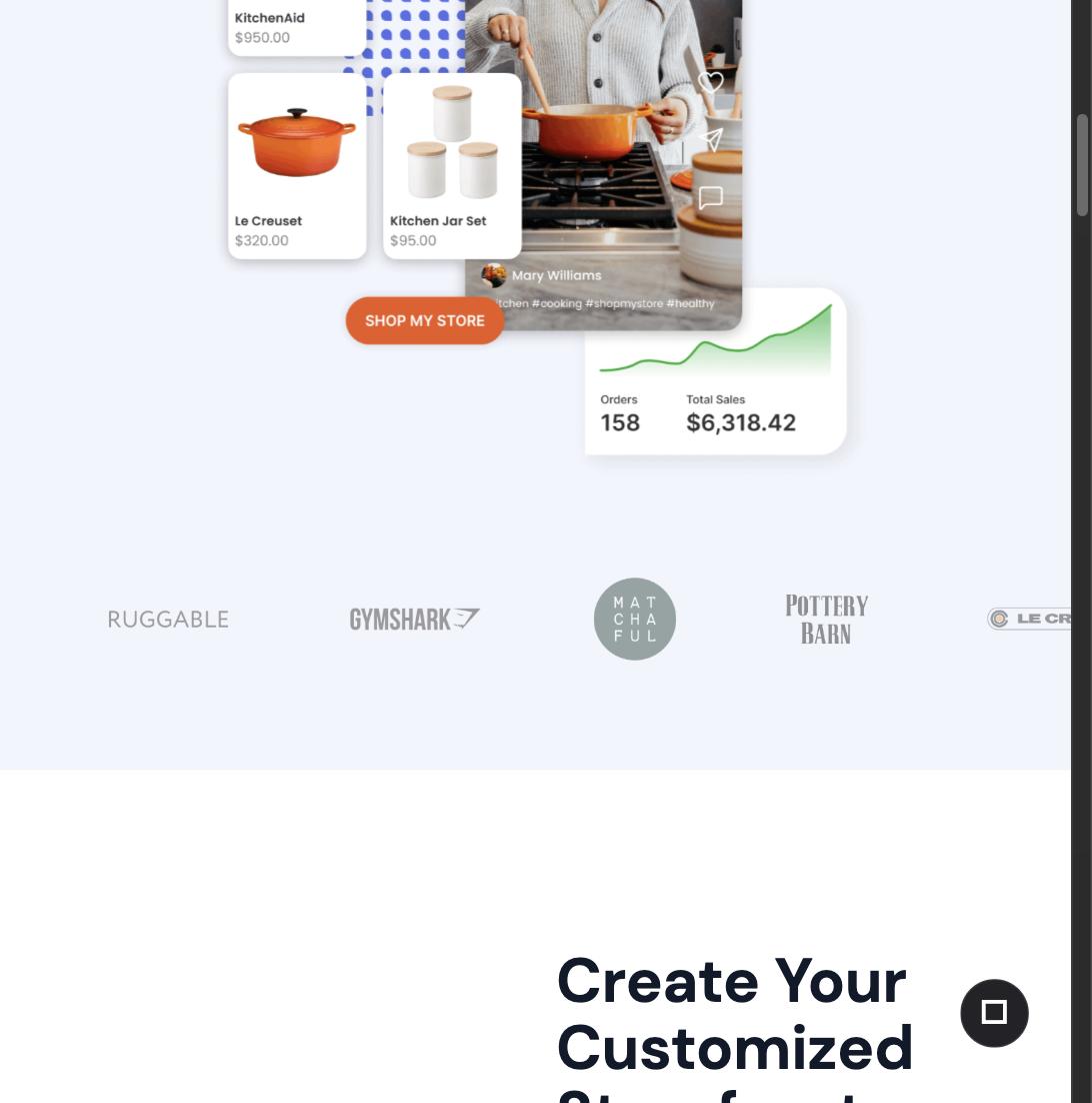 Creator Hero's shoppable product grid with a "Shop My Store" button and orders/sales tracking widget