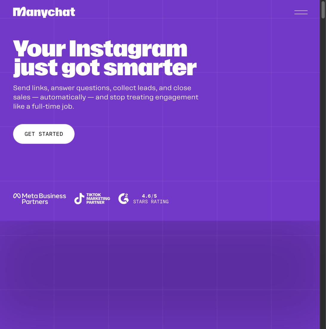 ManyChat Instagram product page with headline "Your Instagram just got smarter" and platform partner badges