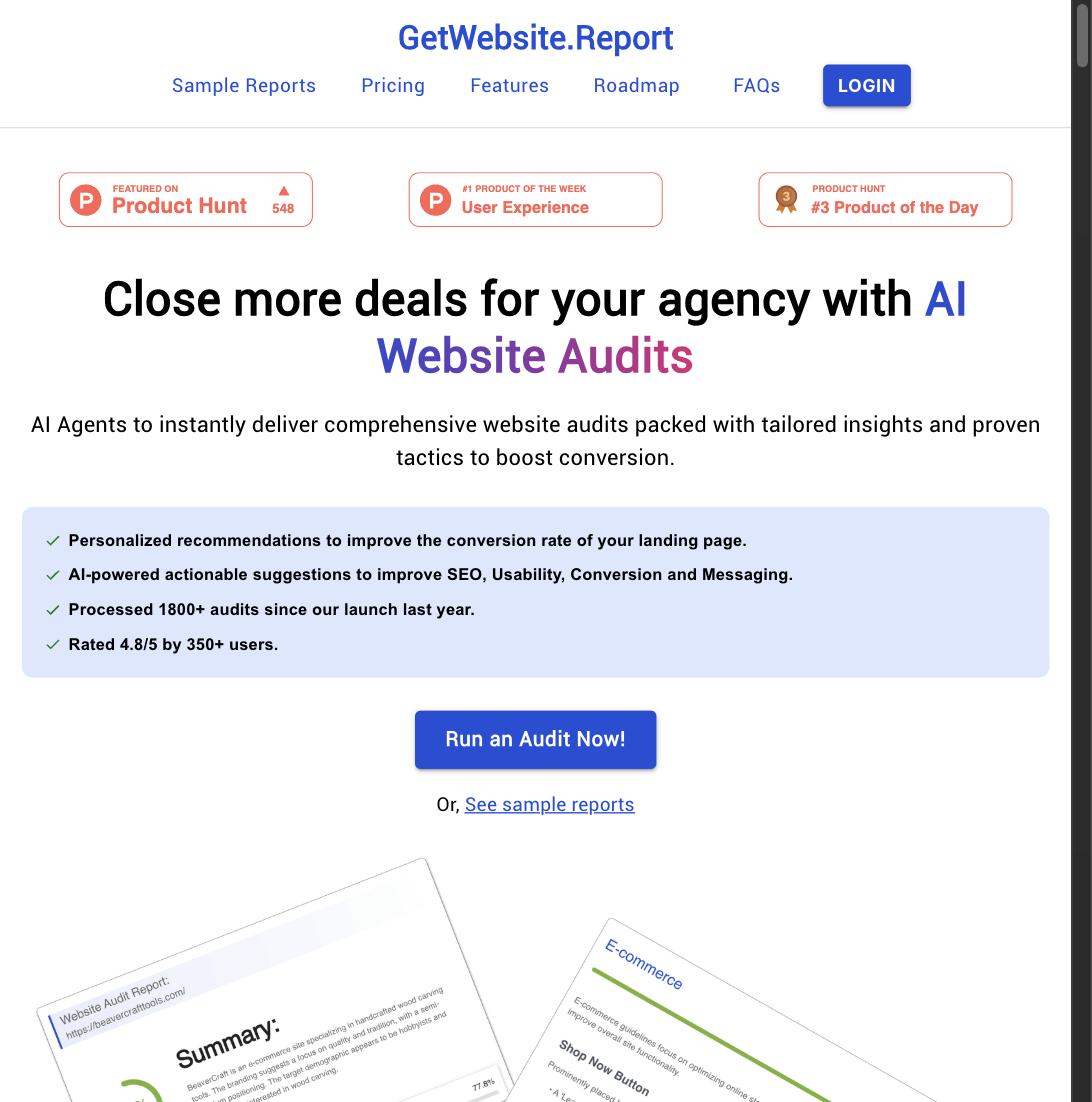 Two sample GetWebsite.Report audit pages, a summary report and an e-commerce specific breakdown