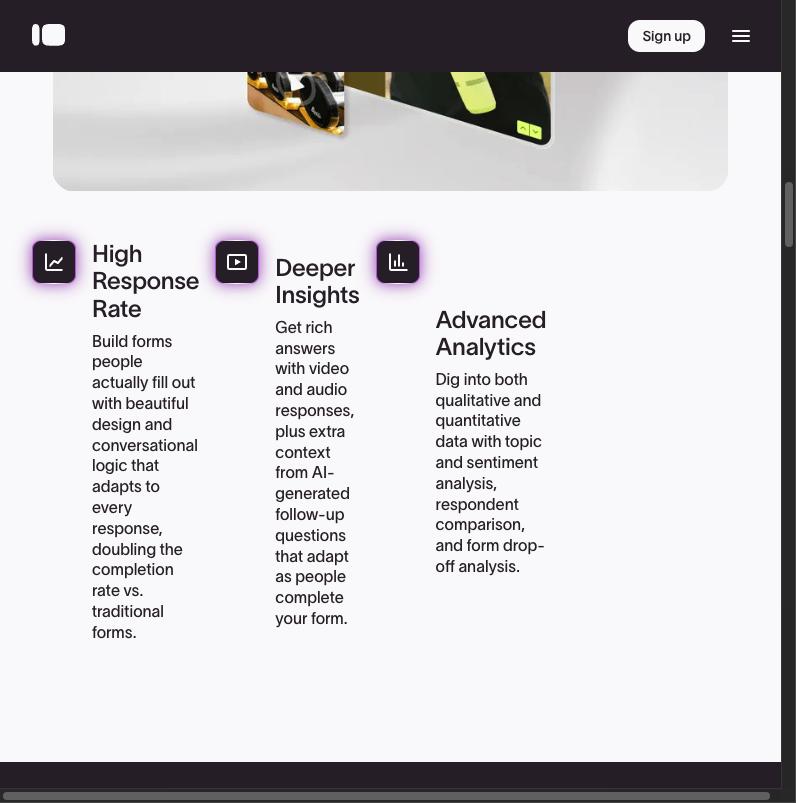 Typeform's High Response Rate, Deeper Insights, and Advanced Analytics feature callouts on its own product page