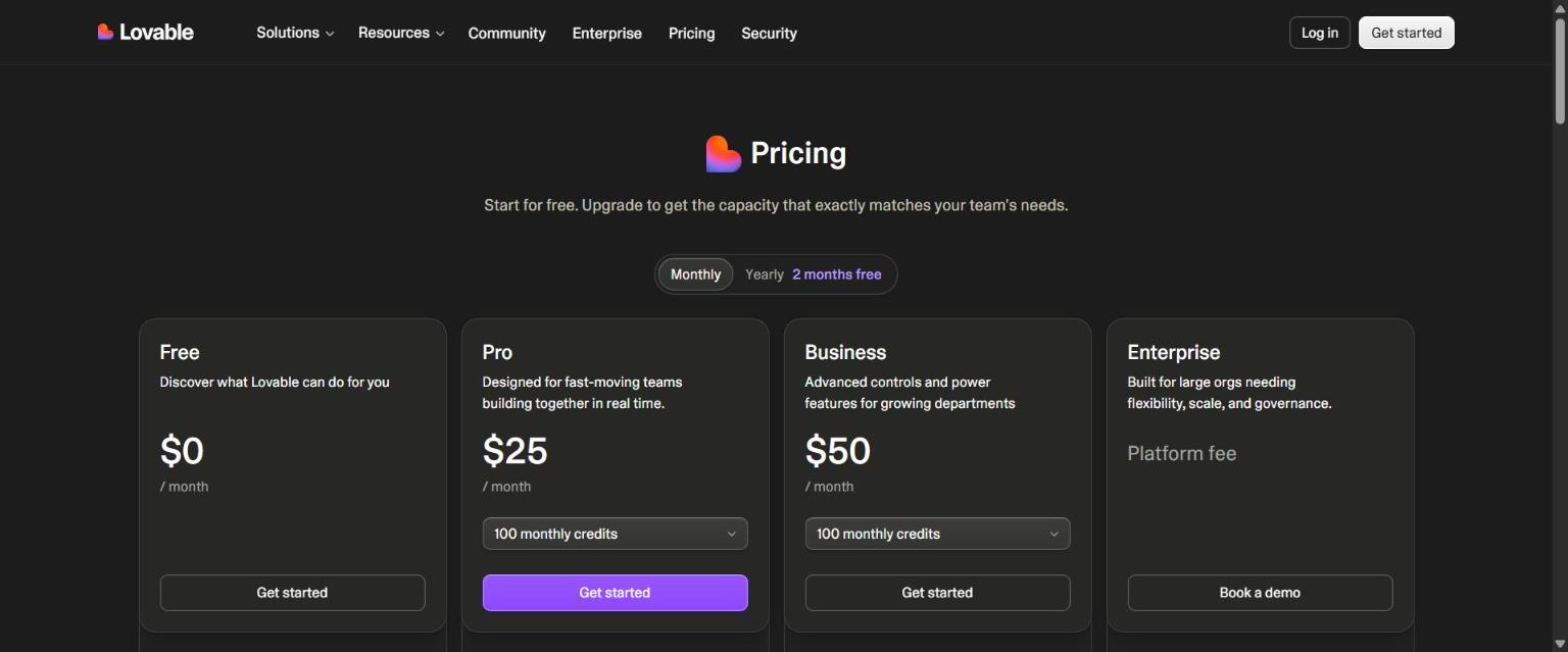Lovable pricing page showing Free, Pro, Business and Enterprise plans