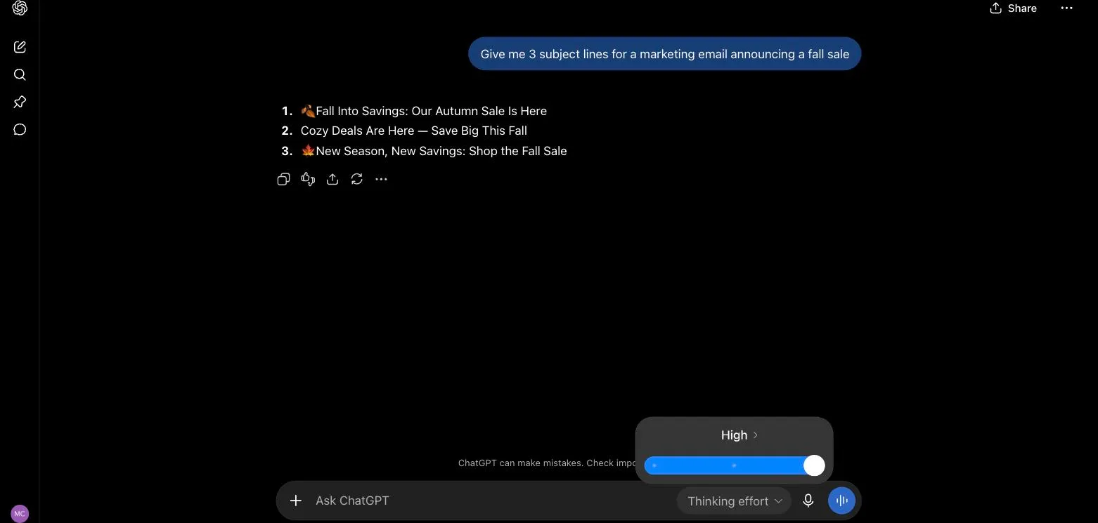 ChatGPT thinking effort settings