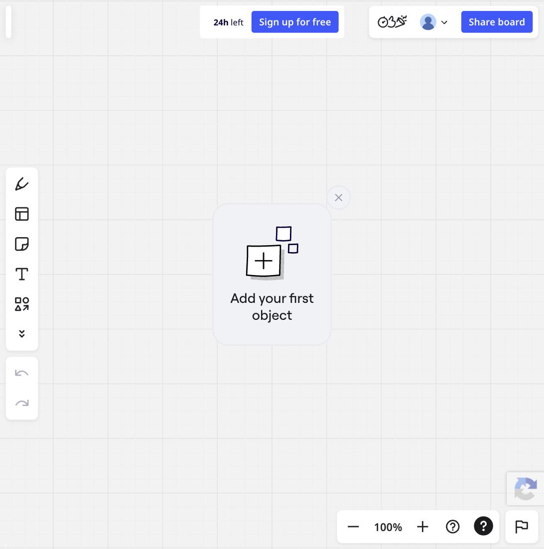 Miro's blank canvas with the toolbar for adding shapes, sticky notes, and text