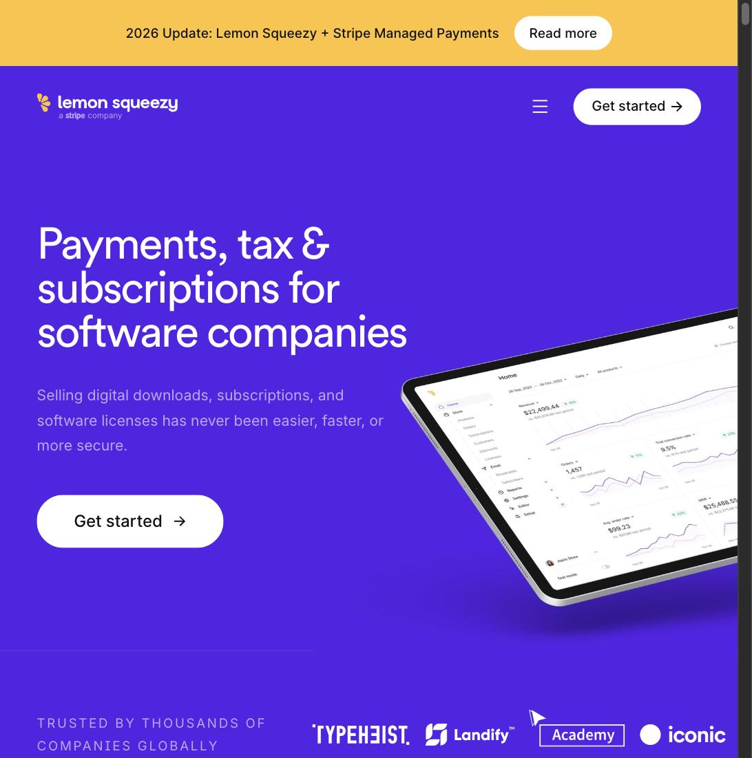 Lemon Squeezy's revenue, orders, and conversion rate dashboard shown on a tablet