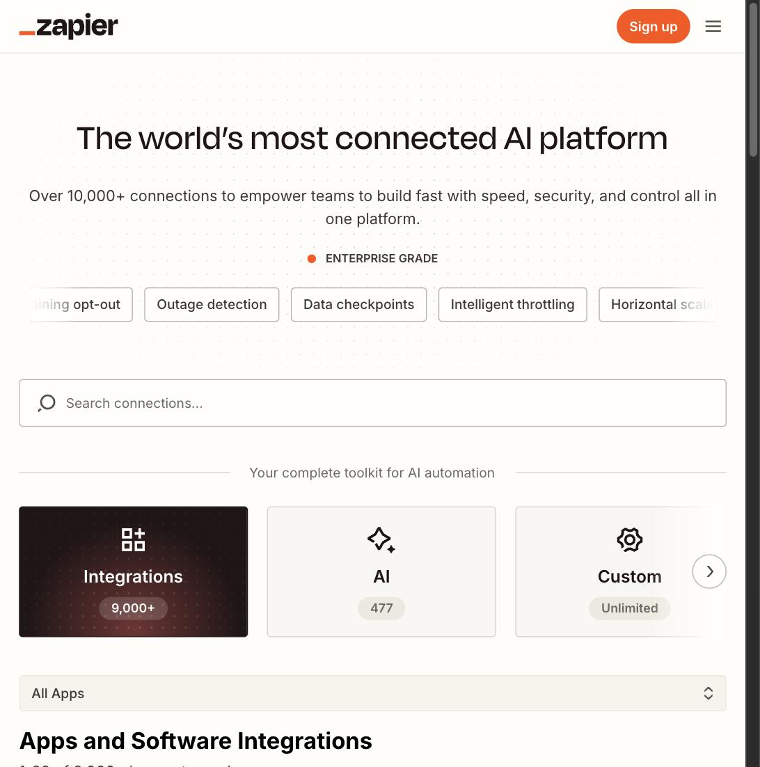 Zapier's AI automation platform homepage with search connections tool and 9,000+ integrations badge