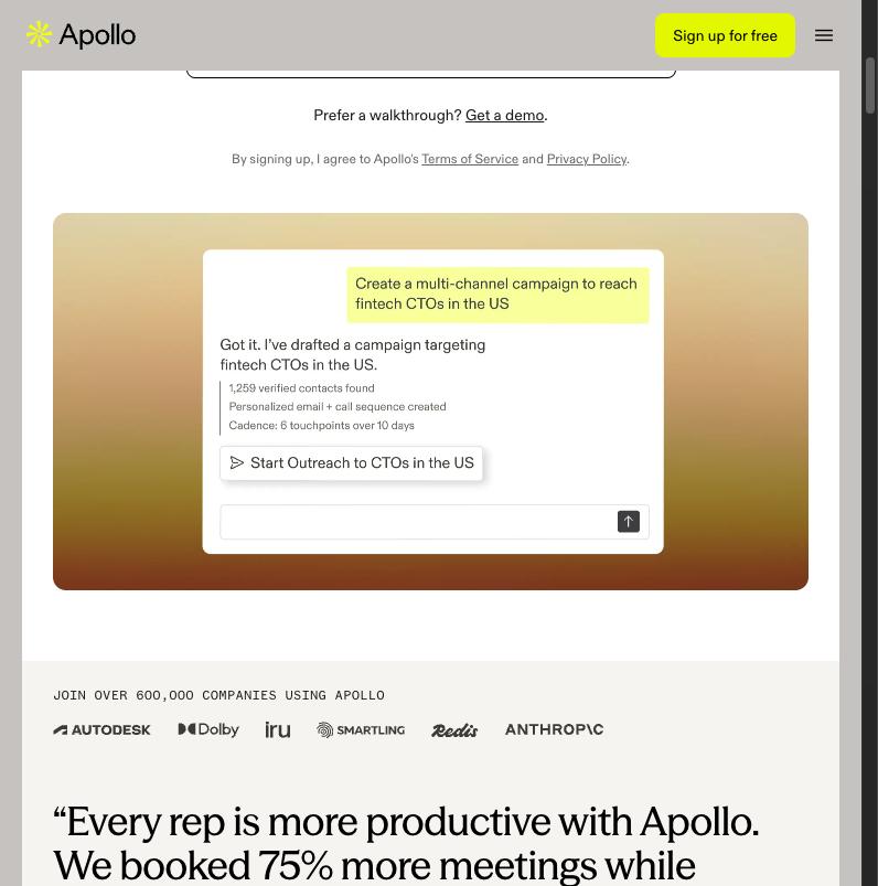 Apollo AI chat drafting a multi-channel outbound campaign targeting fintech CTOs, showing verified contact counts and a generated sequence