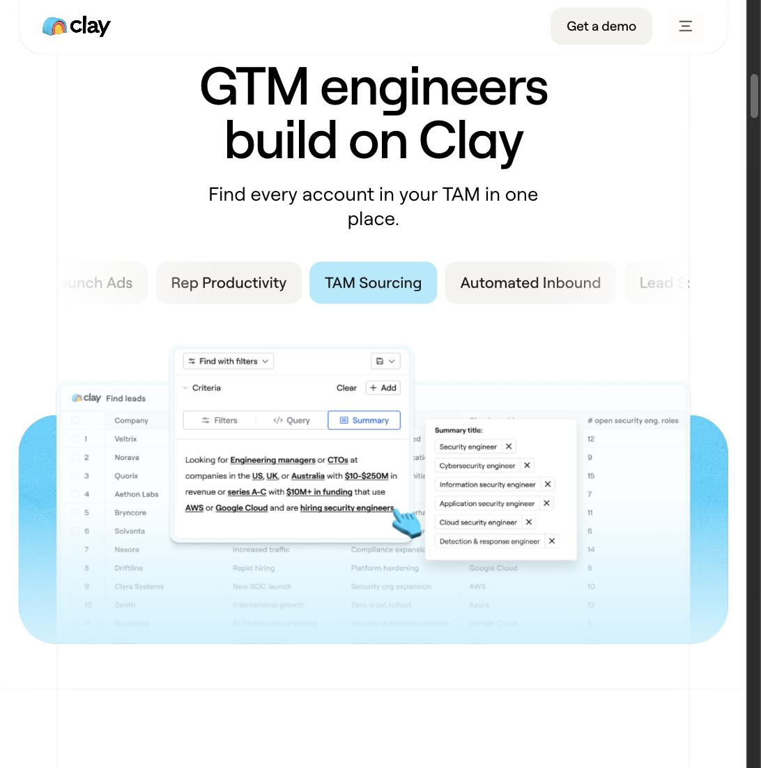 Clay's Find leads table with a natural-language filter summary criteria panel showing job titles, regions, and funding filters