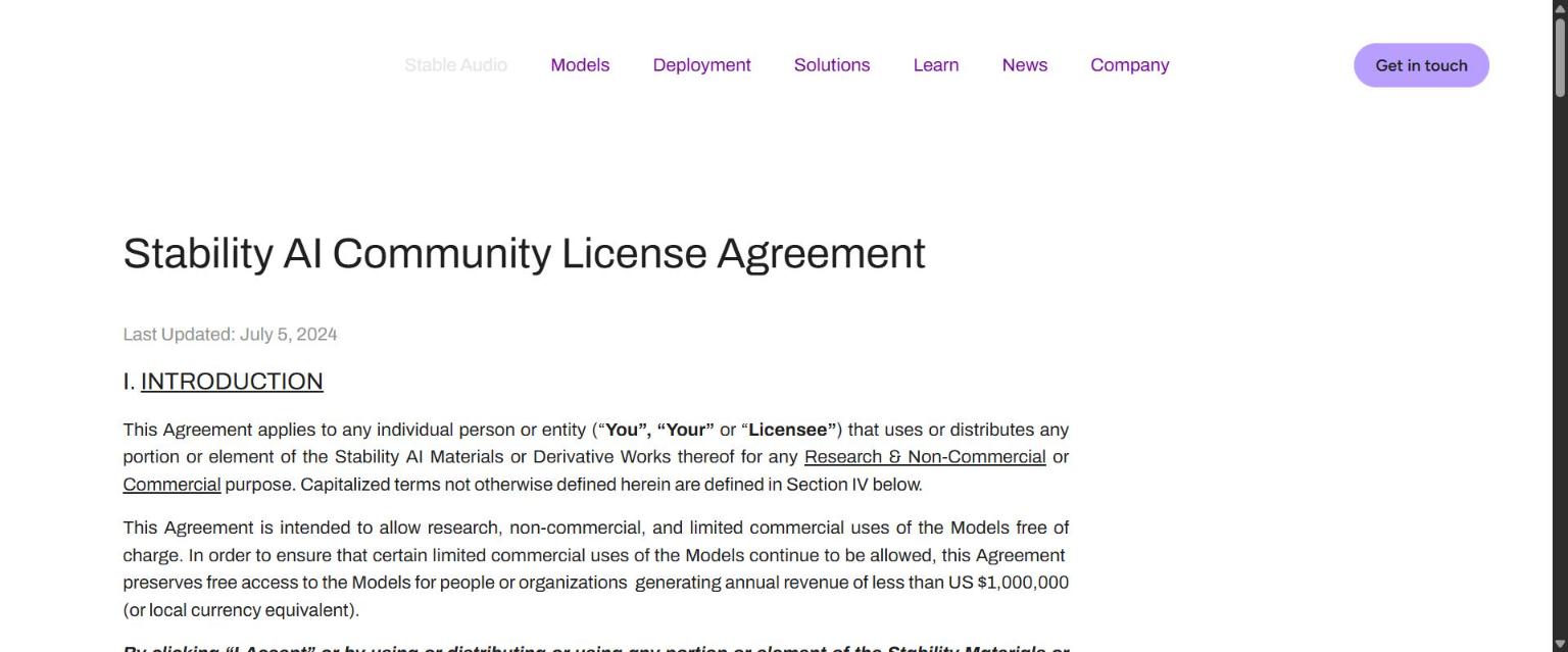 Stability AI Community License Agreement page