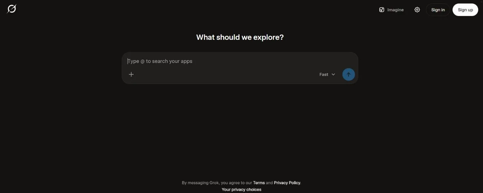 Grok home page with the prompt What should we explore