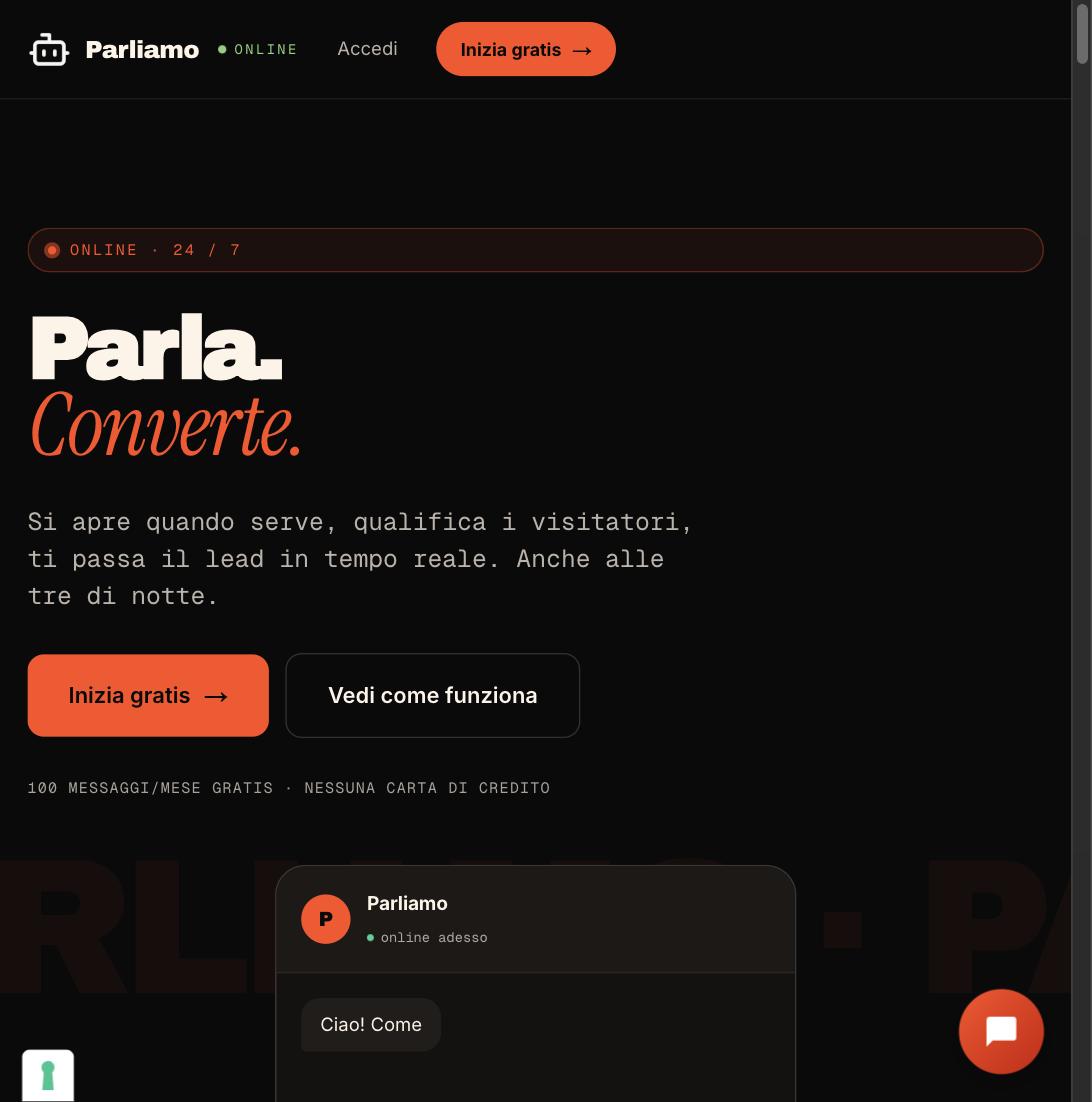 Parliamo's proactive chat widget greeting a visitor on the homepage