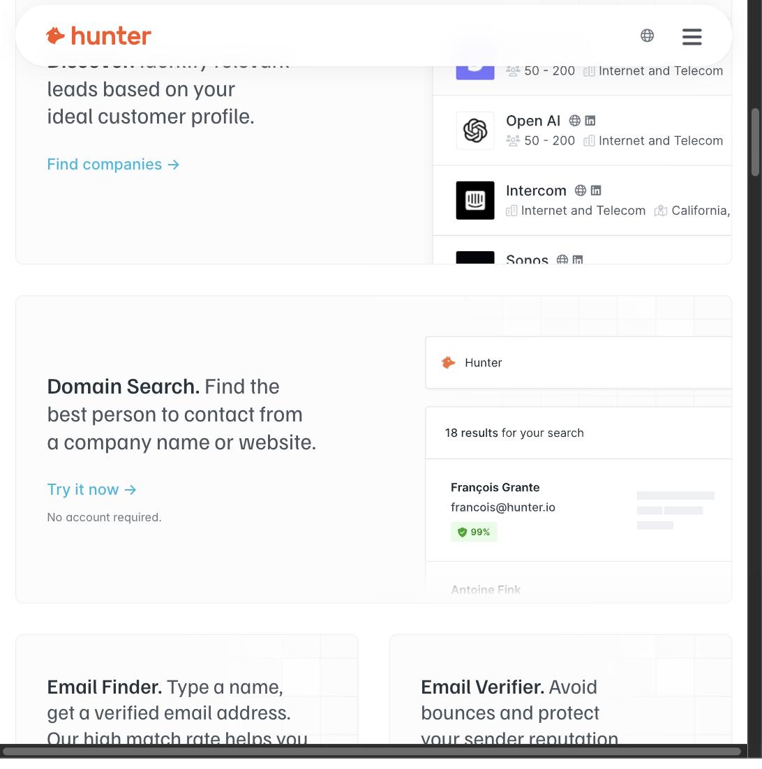Hunter.io Discover panel listing companies like OpenAI, Intercom, and Sonos, next to the Domain Search results panel
