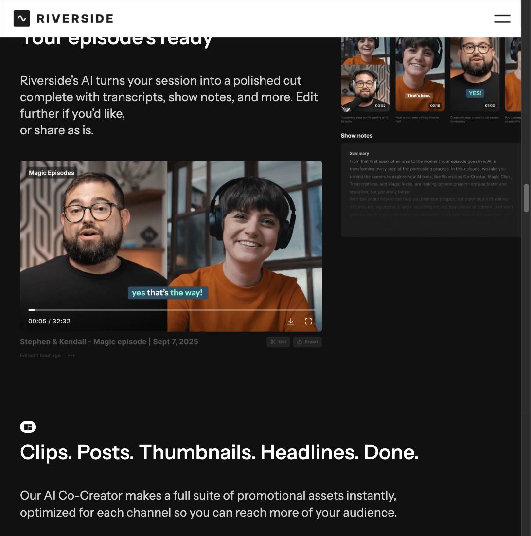 Riverside episode player with a finished video, AI-generated show notes, and short-form clip suggestions