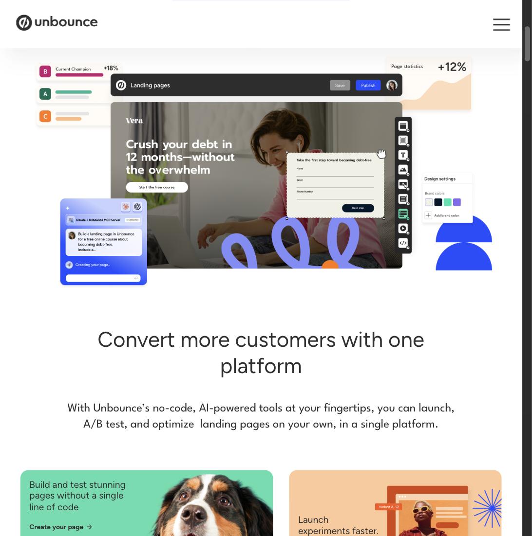 Unbounce's Vera AI landing page editor with a chat panel, editing a debt-relief course page