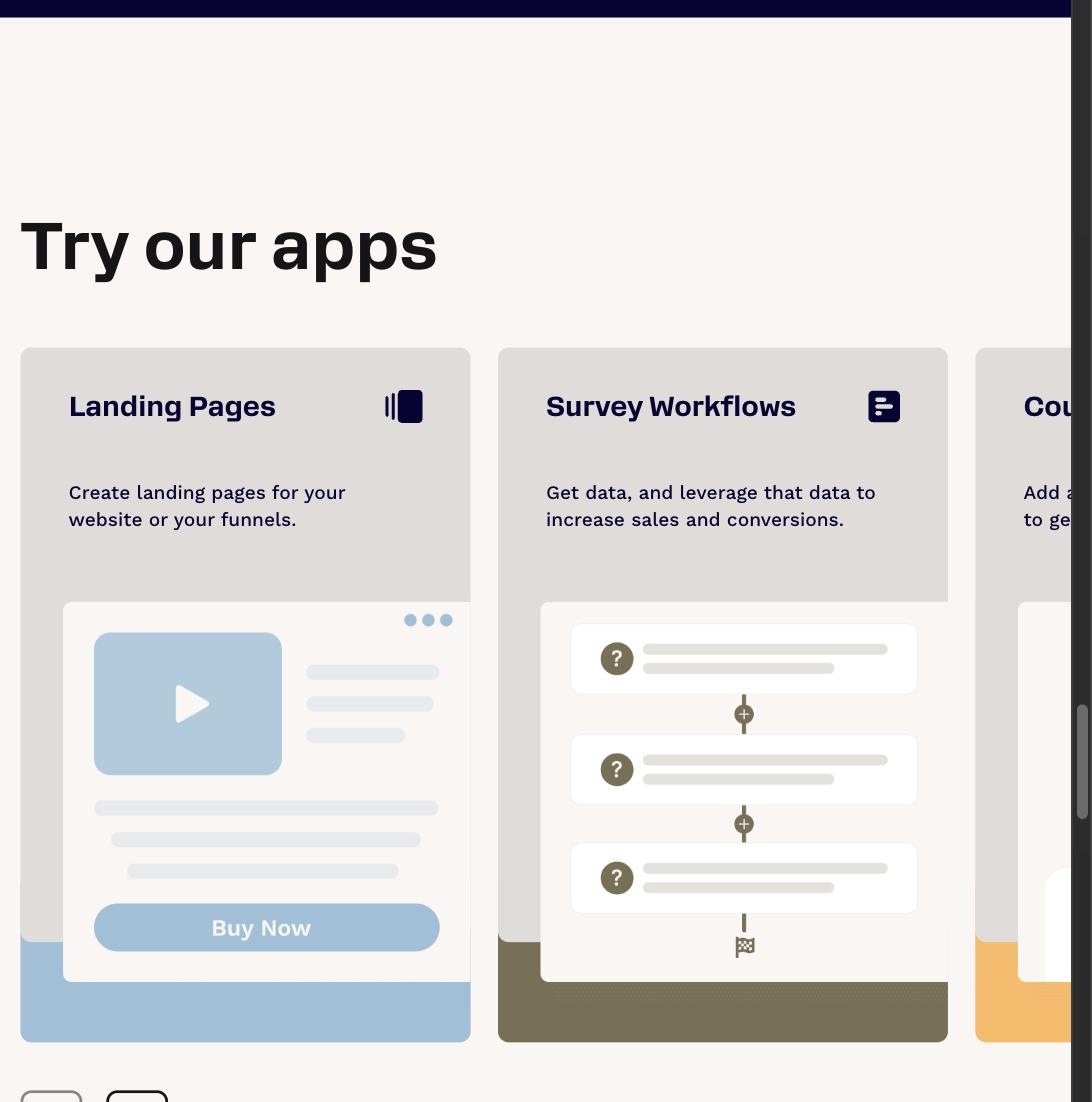 ClickFunnels app cards for Landing Pages and Survey Workflows showing template previews with a Buy Now button