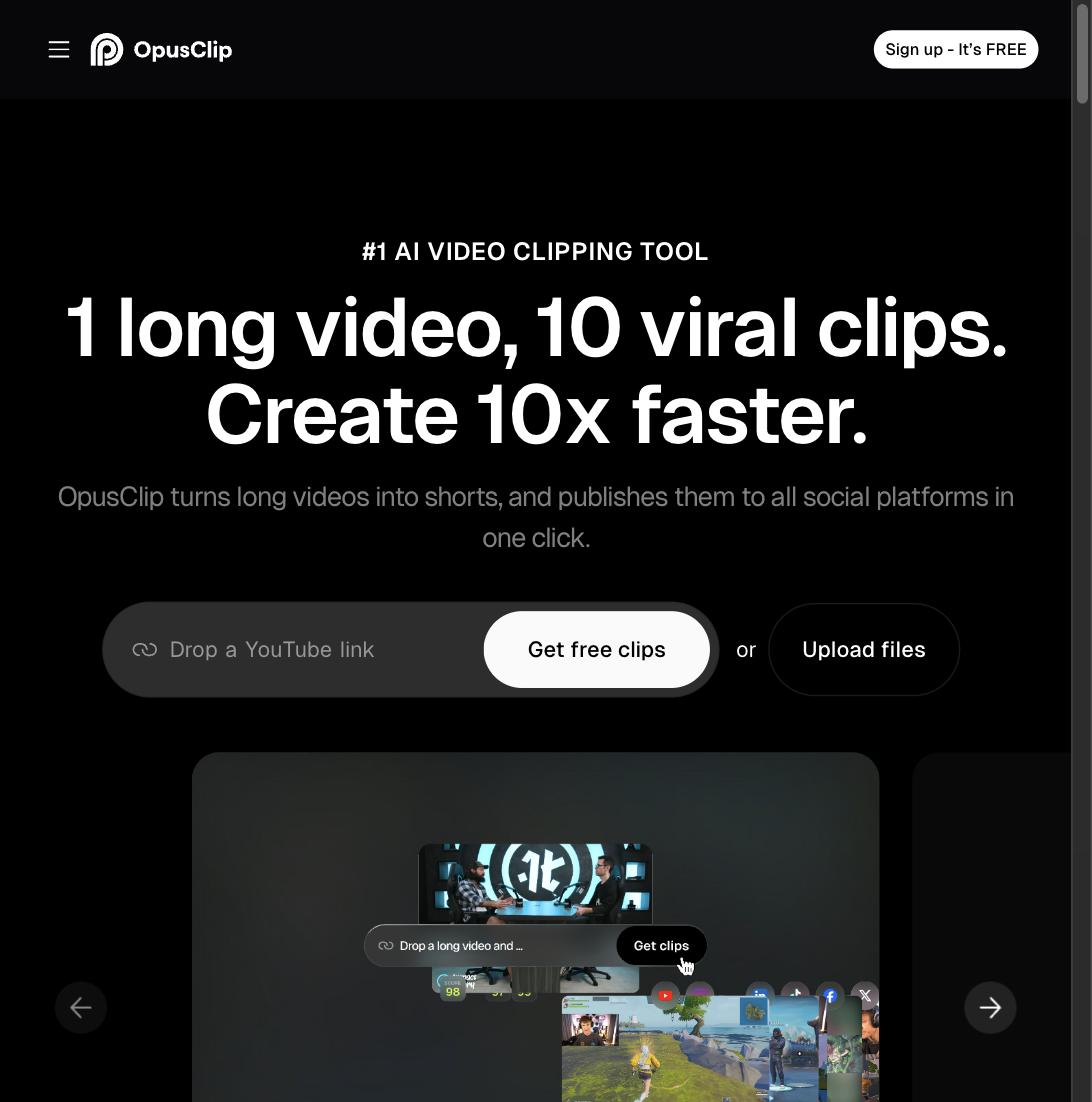 Opus Clip homepage — 1 long video, 10 viral clips