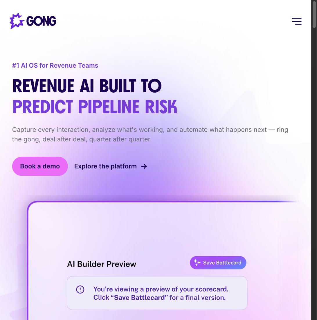 Gong homepage with headline "Revenue AI built to predict pipeline risk" and a Battlecard preview panel