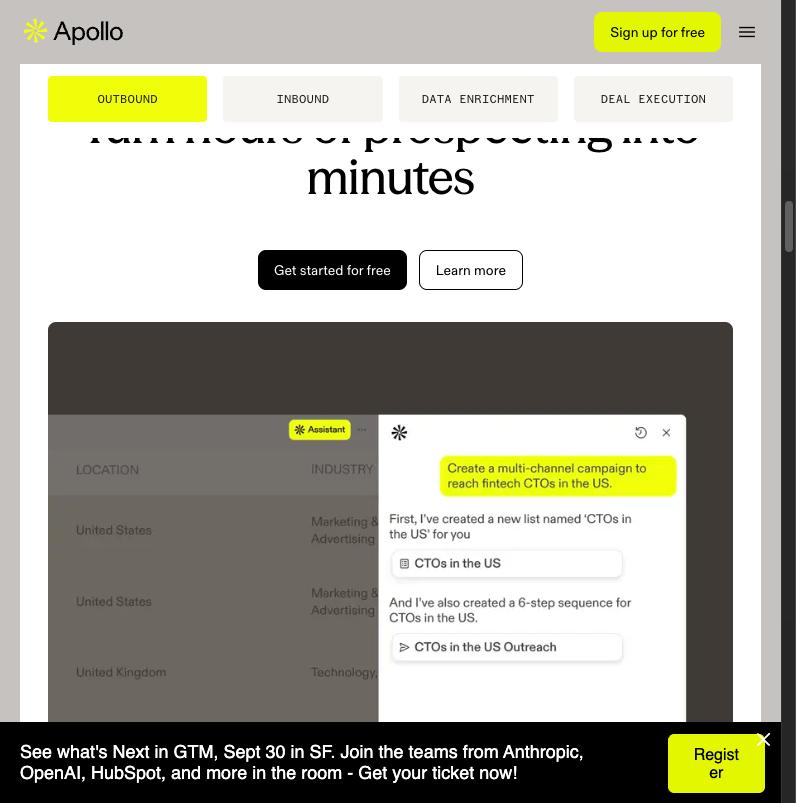 Apollo contact list filtered by location and industry with the AI Assistant panel open alongside it