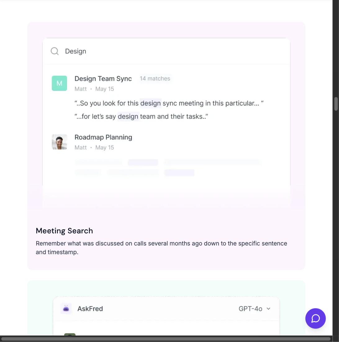 Fireflies.ai search feature returning matching meetings with quoted transcript snippets