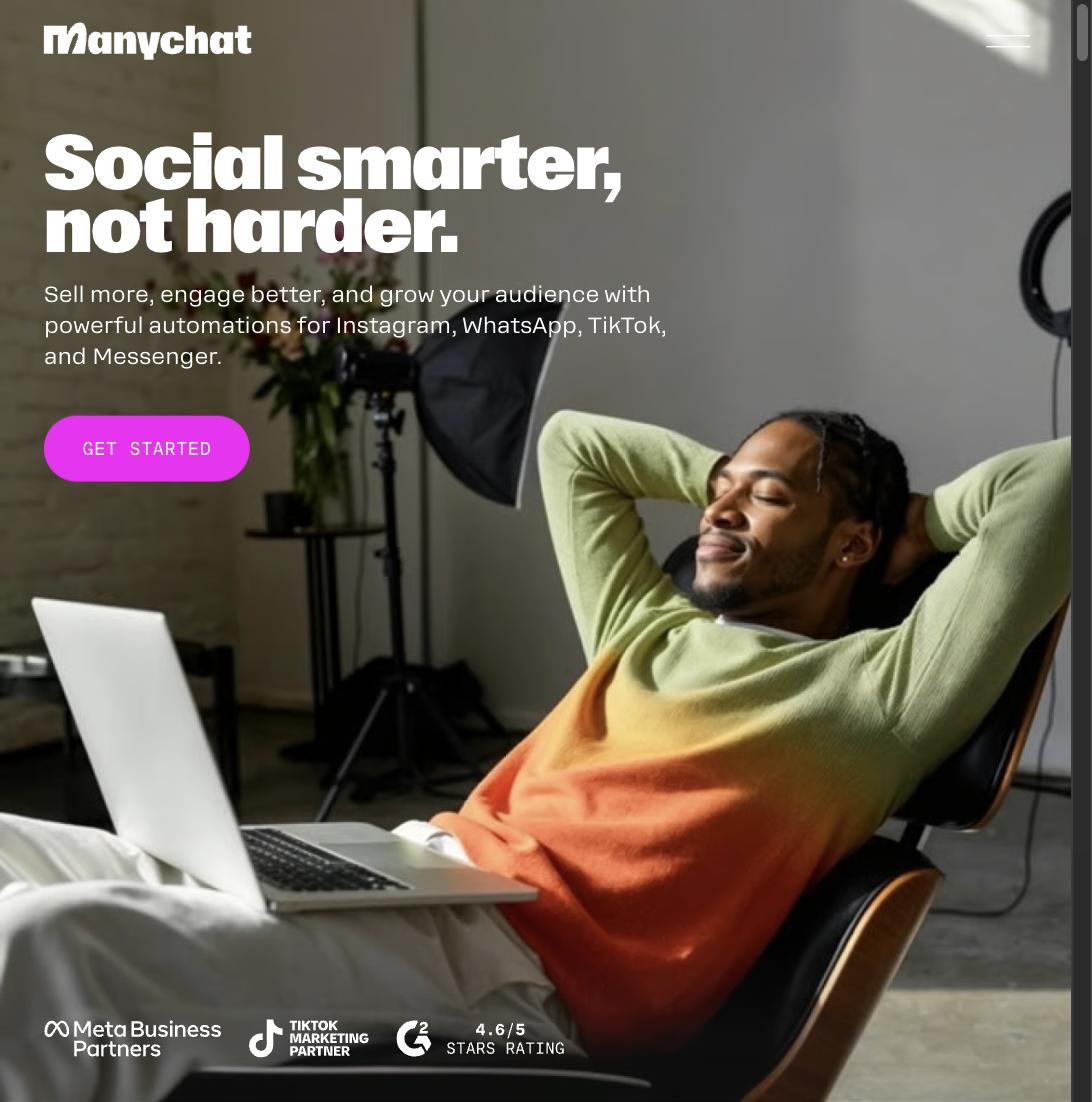 ManyChat homepage with headline "Social smarter, not harder" and automation platform badges