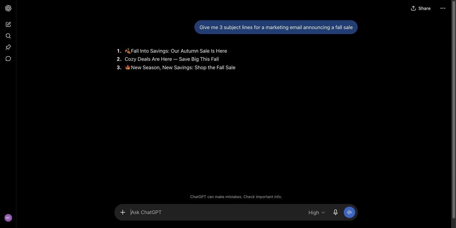 ChatGPT response with email subject lines