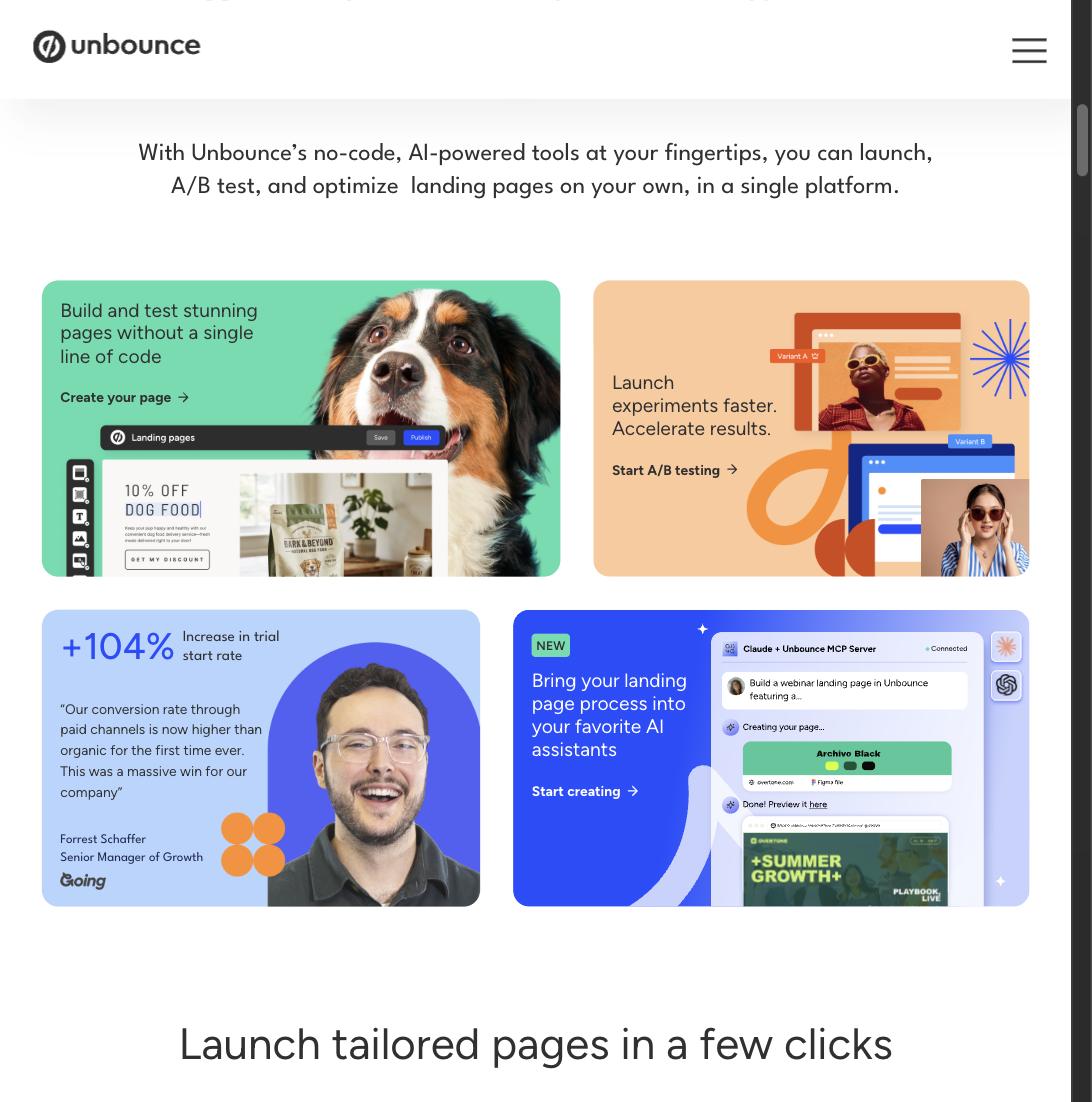 Unbounce landing page card for a dog food campaign, shown in the page builder