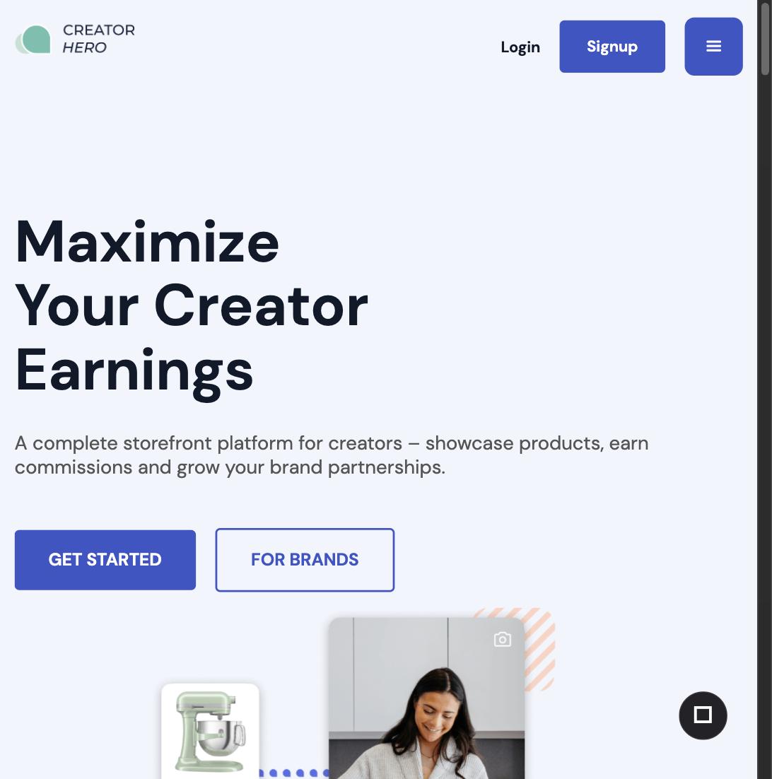 Creator Hero's homepage showing a sample product card and creator photo used in a storefront