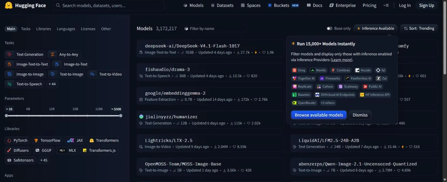 Hugging Face models page listing trending models with task and library filters