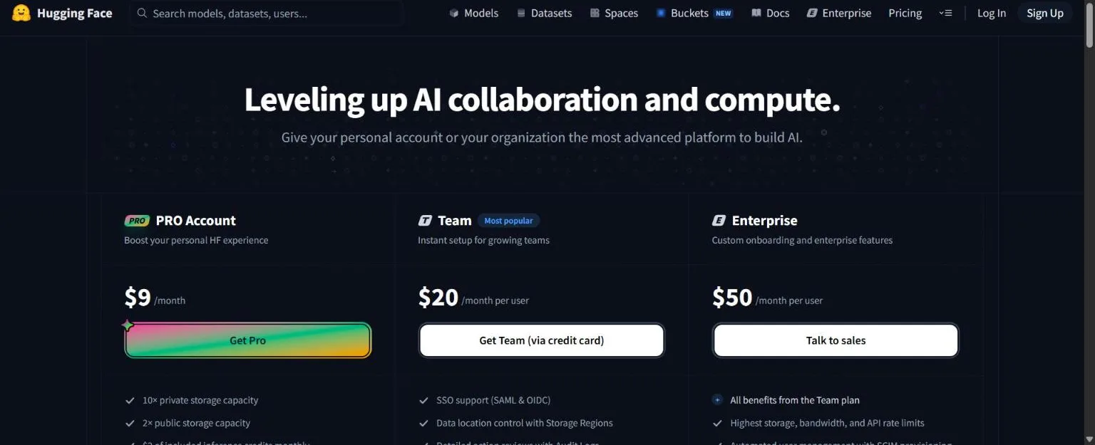 Hugging Face pricing page showing PRO, Team and Enterprise plans