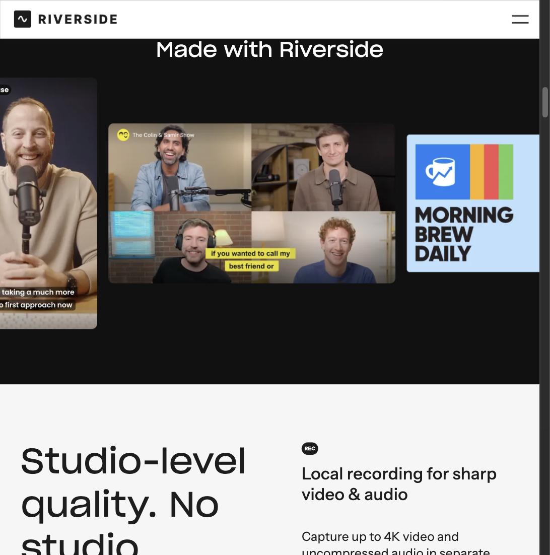 Grid of real podcasts and video shows recorded and edited with Riverside, including multi-guest interview layouts