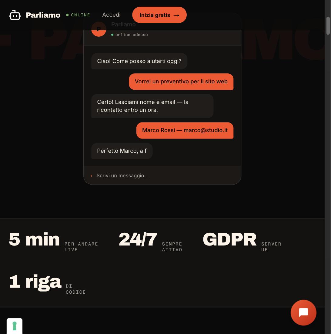 A sample Parliamo chat conversation capturing a visitor's name and email, with GDPR EU-hosting stats below