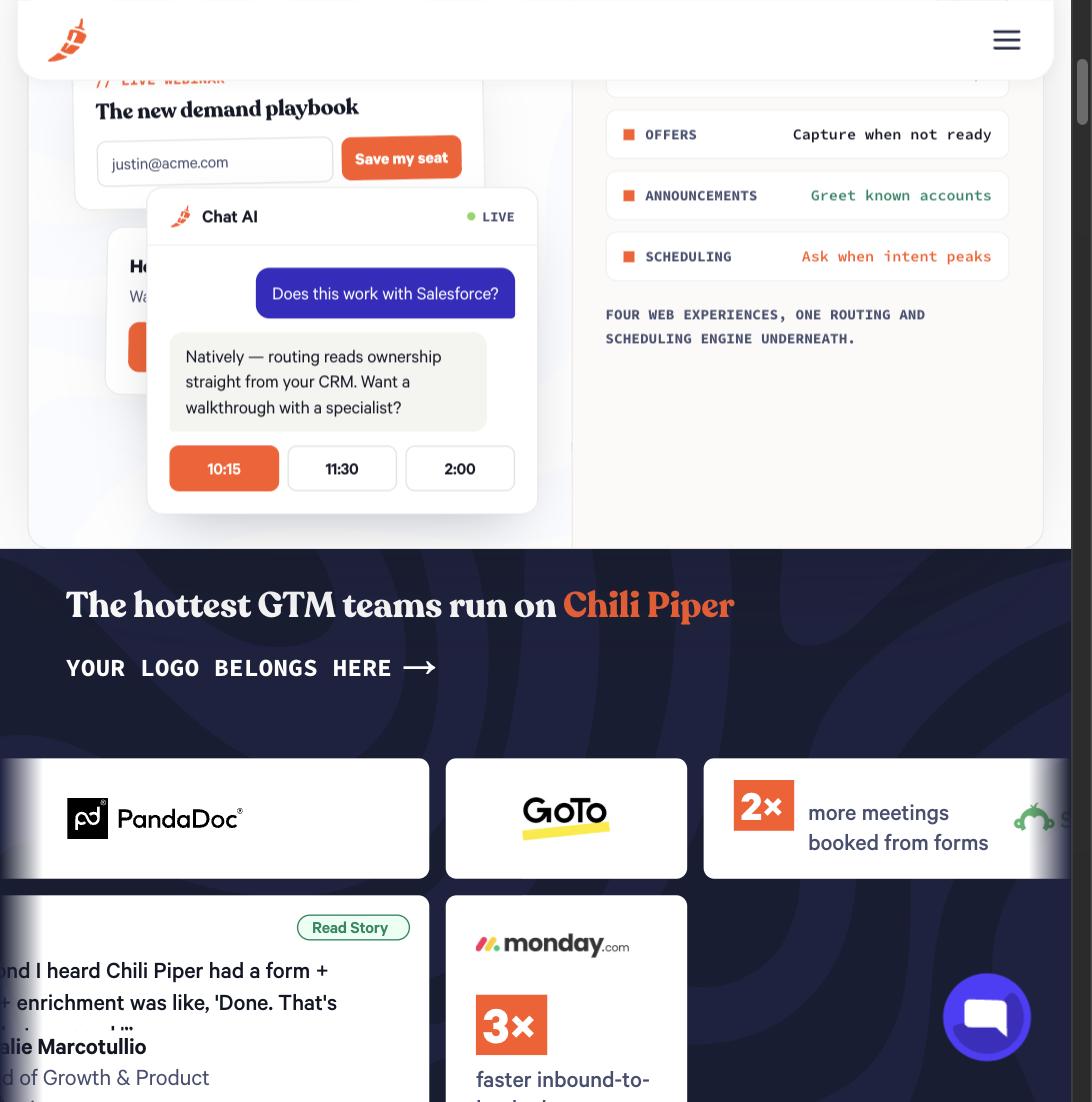 Chili Piper's Chat AI answering a Salesforce integration question and offering to book a walkthrough