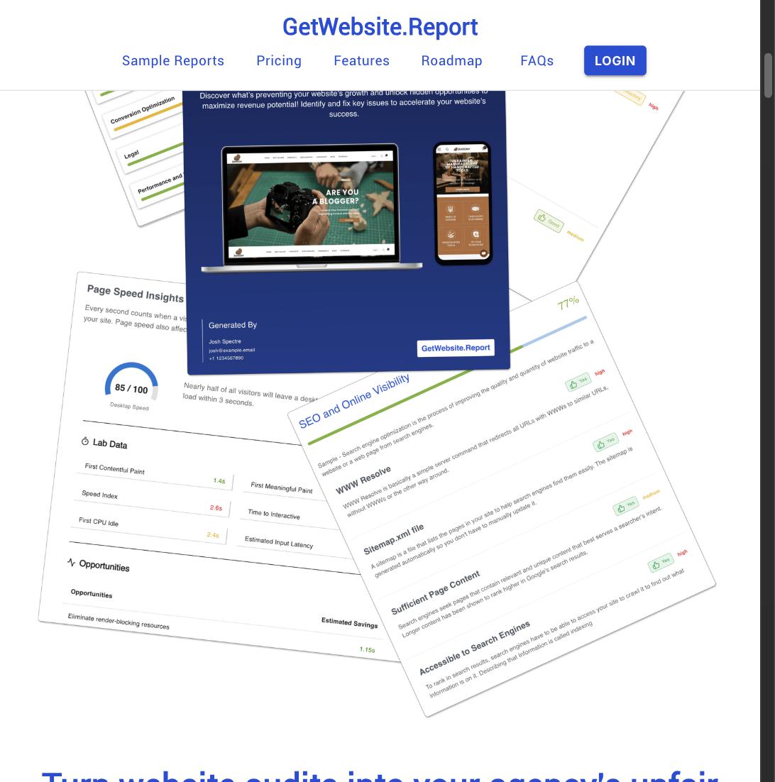 GetWebsite.Report's page speed insights and SEO and online visibility checklist sections of a sample audit