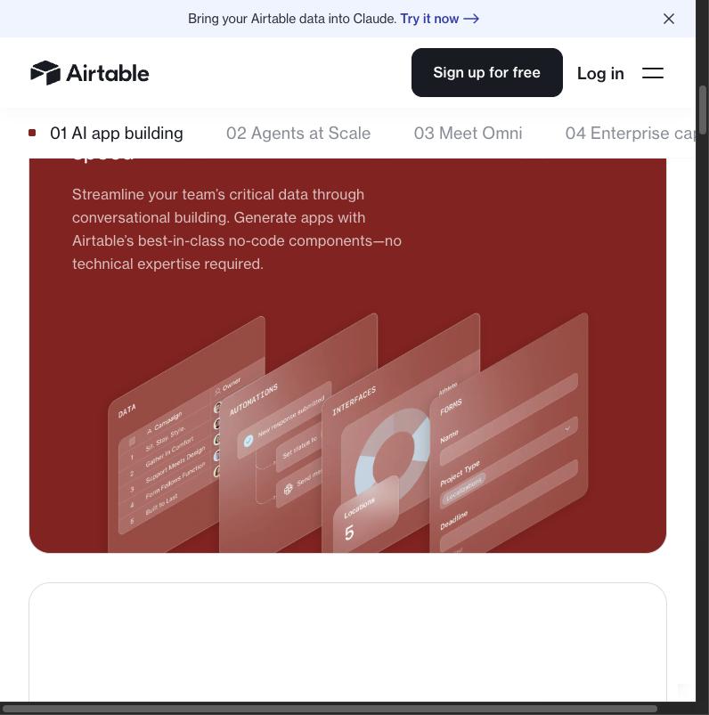 Airtable's connected Data, Automations, Interfaces, and Forms workflow panels