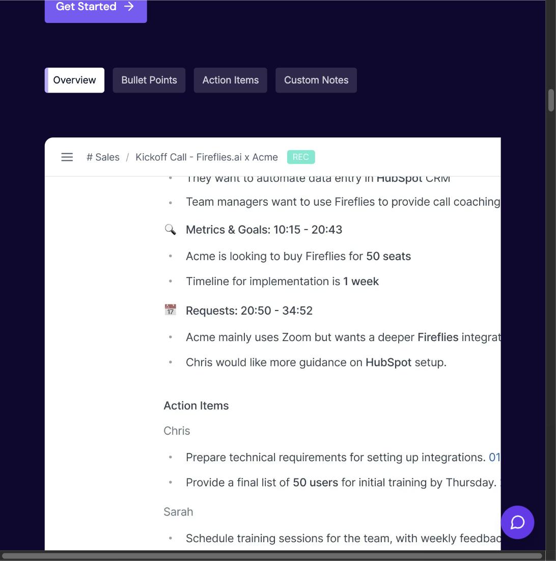 Fireflies.ai AI-generated meeting summary showing metrics, requests, and action items assigned to team members
