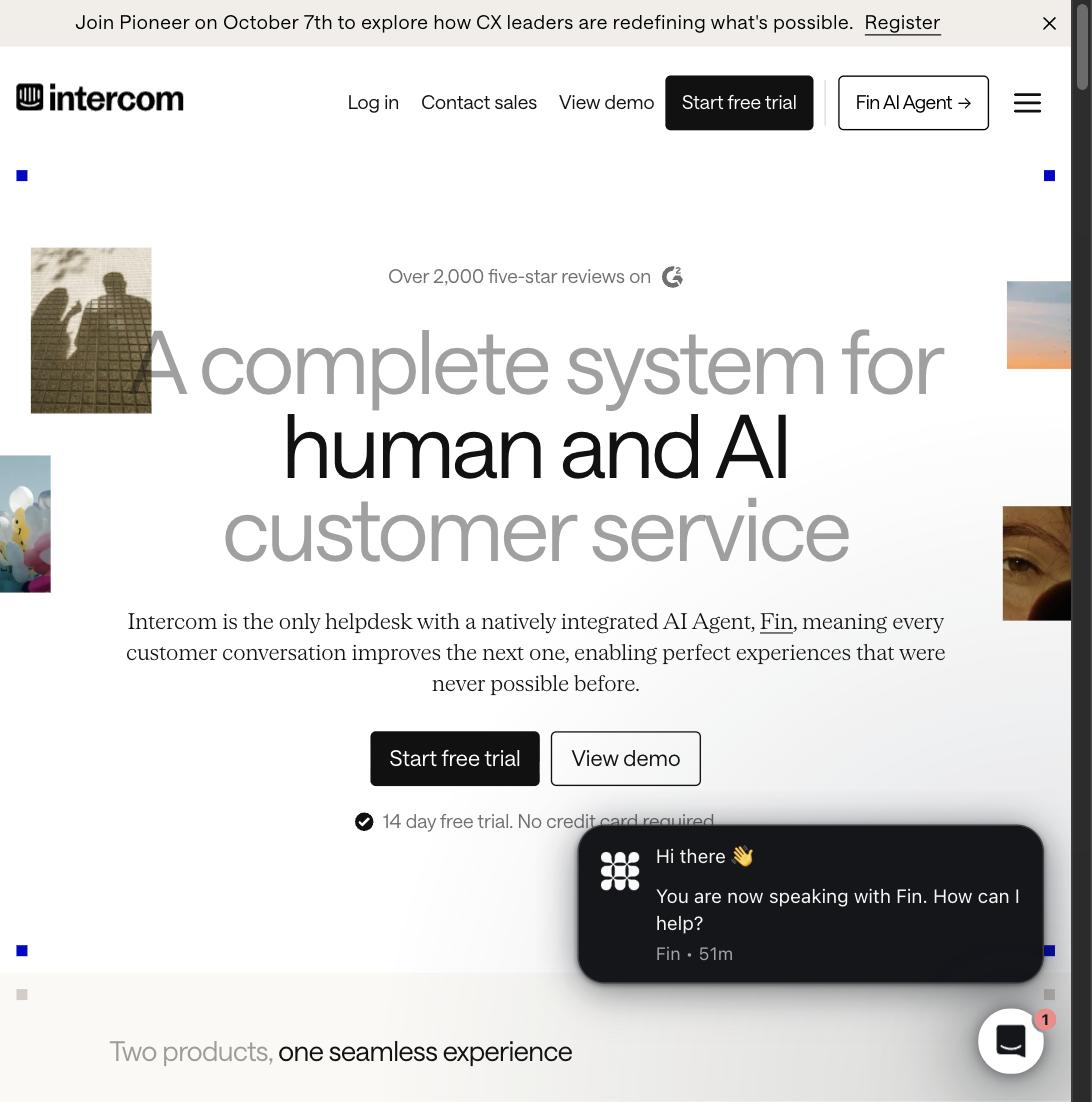 Intercom's Fin AI Agent chat widget answering a visitor's question on the Intercom homepage
