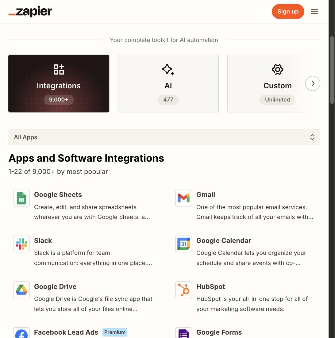 Zapier's directory of 9,000+ app integrations including Google Sheets, Gmail, Slack, and HubSpot