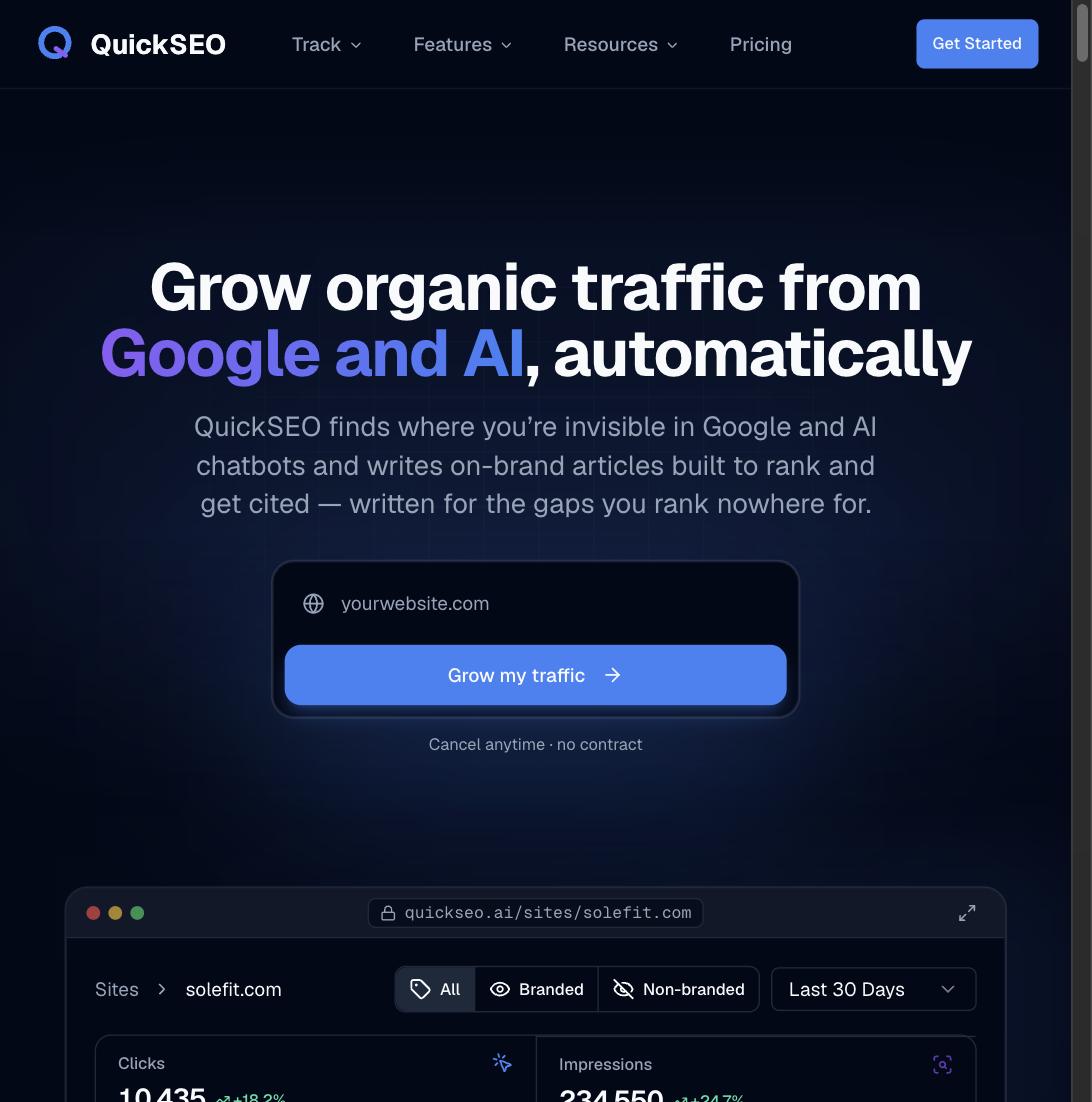 QuickSEO dashboard showing clicks and impressions for a connected website