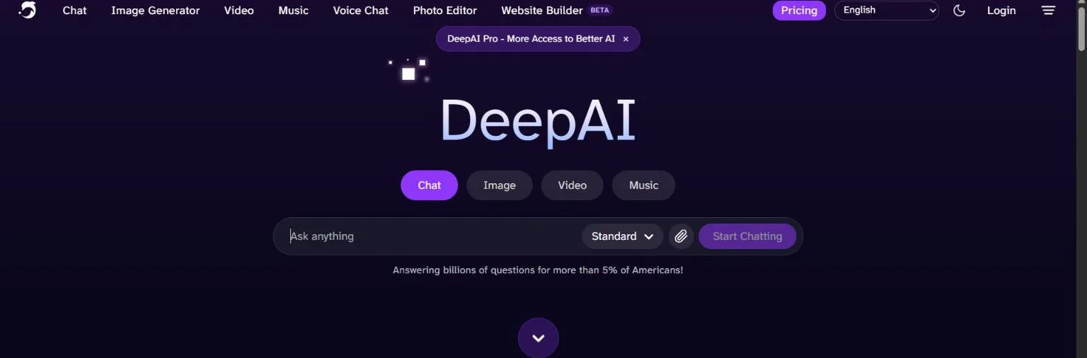 DeepAI home page with Chat, Image, Video and Music tabs and a prompt box